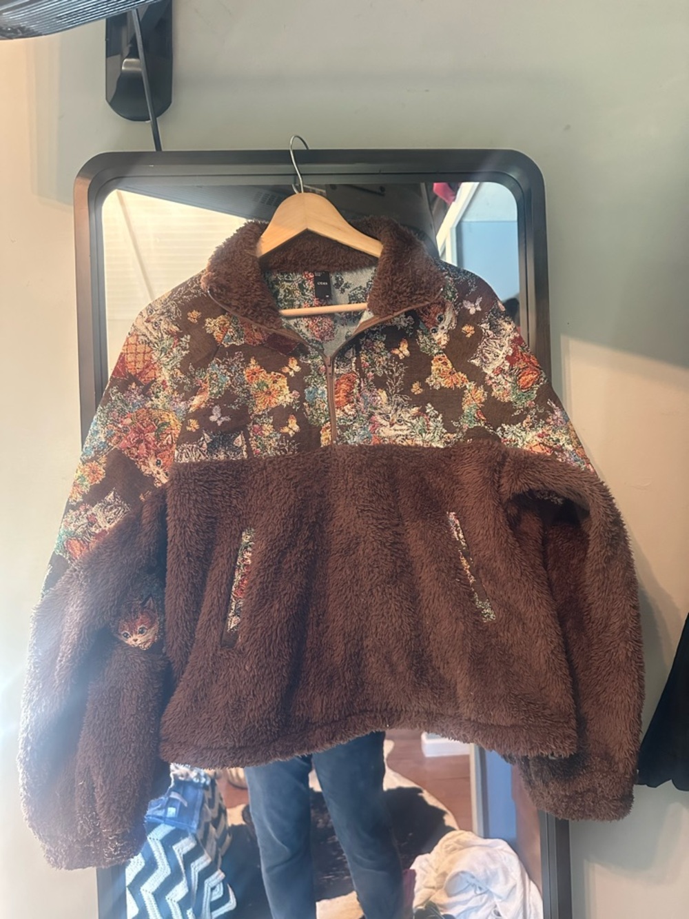 Brown Faux Fur Pullover with Floral Cat Detail